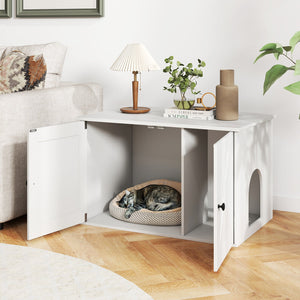 Hidden Cat Litter Box Enclosure Furniture with Divider-White view 2