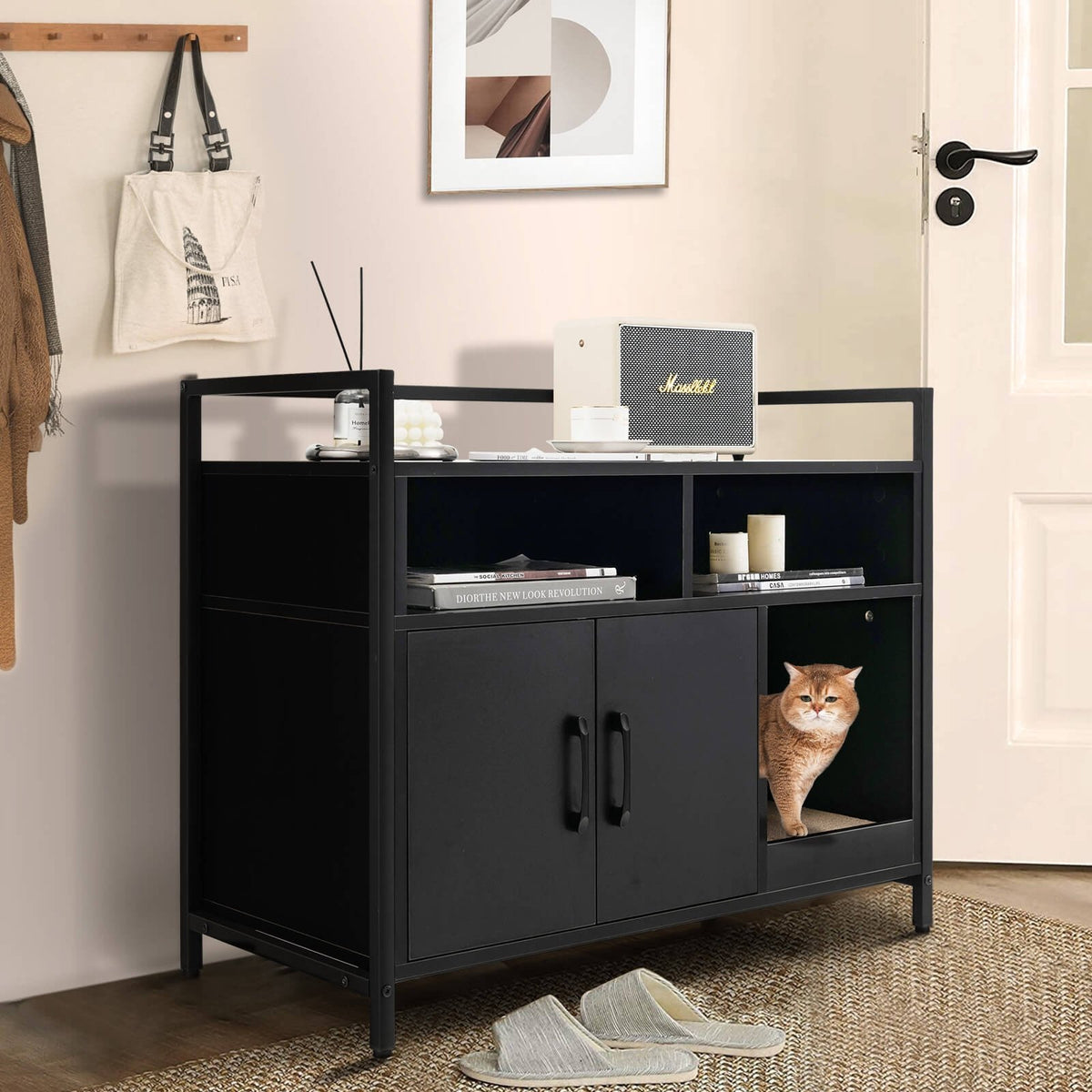 Hidden Cat Washroom with Double Doors and Scratch Cardboard-Black view 2