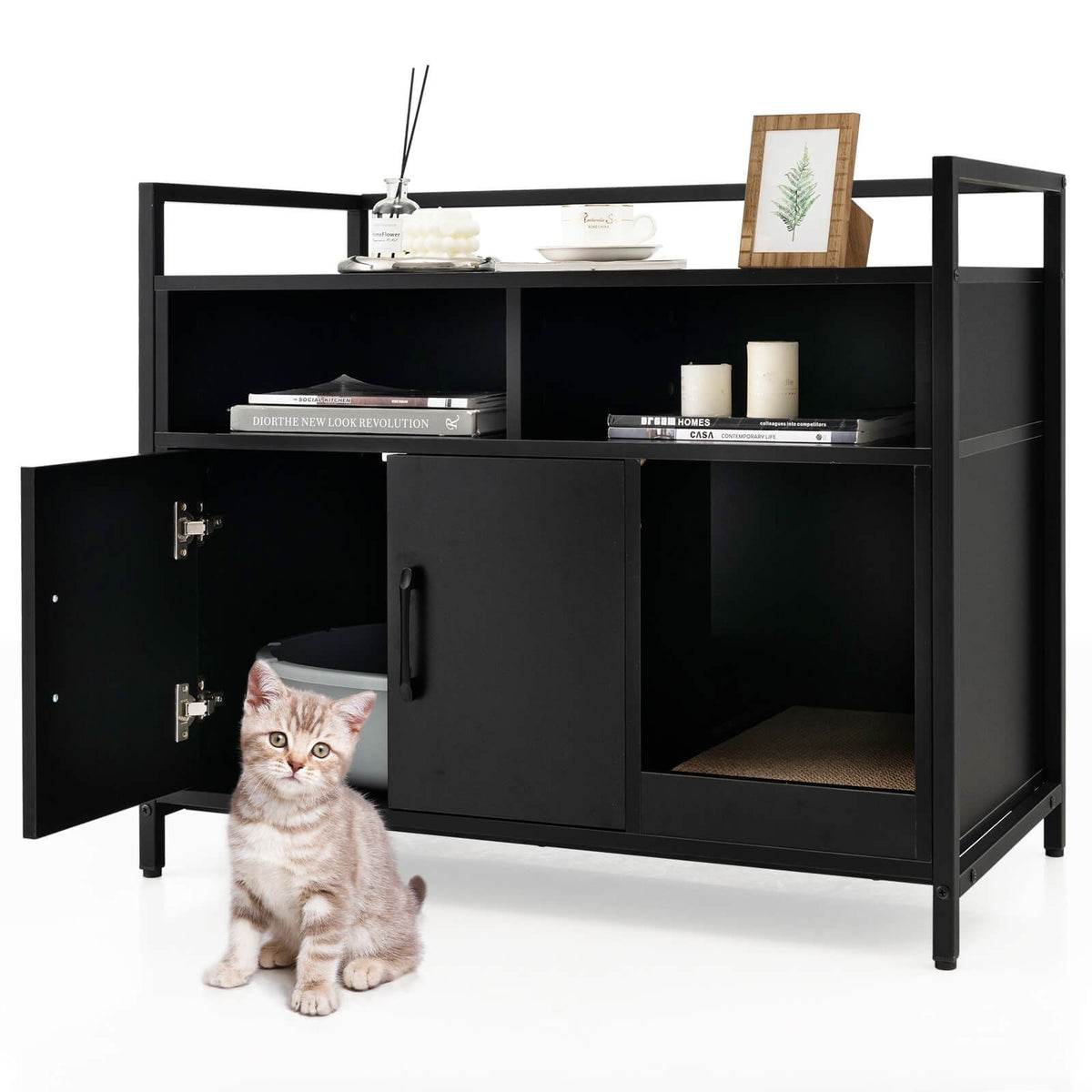 Hidden Cat Washroom with Double Doors and Scratch Cardboard-Black view 4