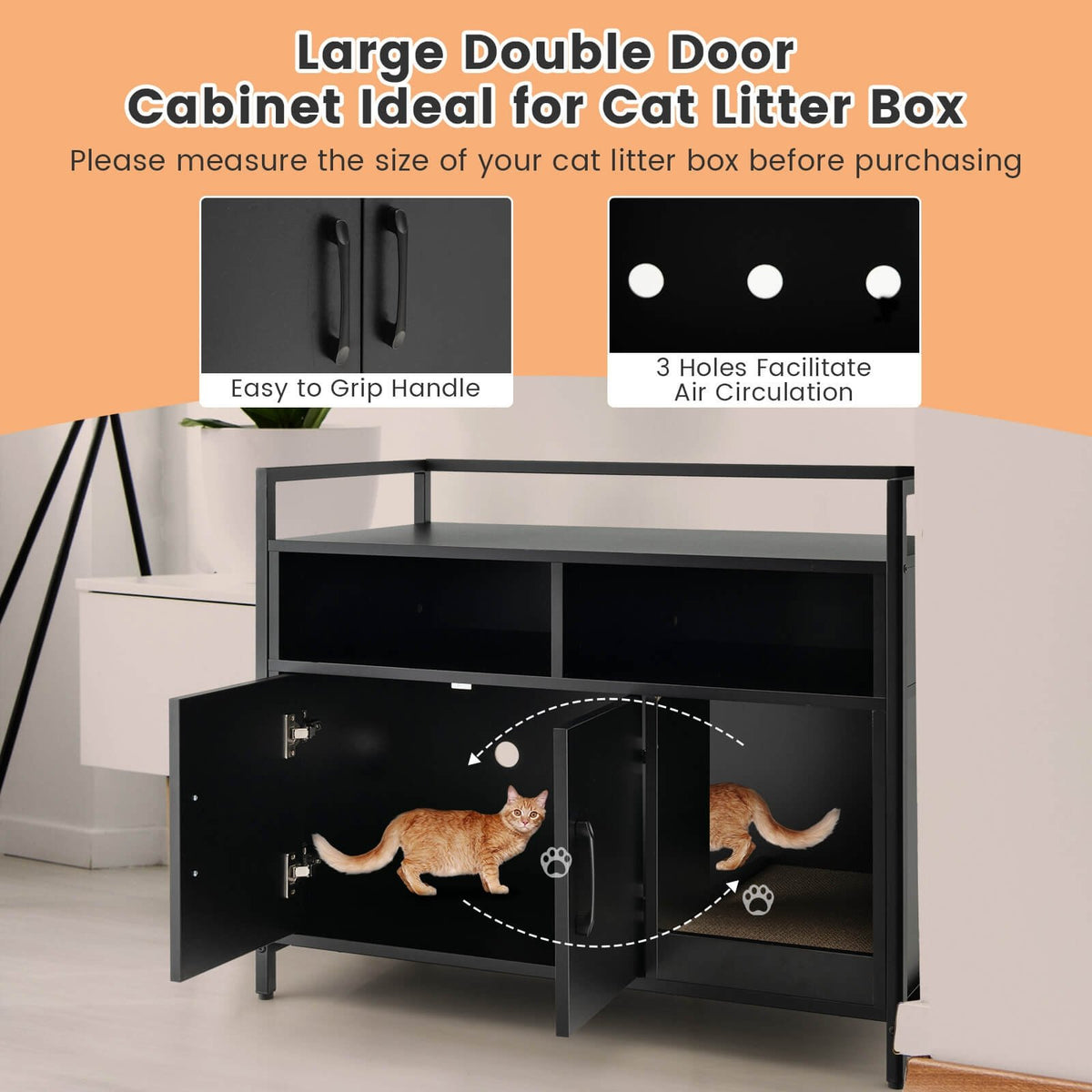 Hidden Cat Washroom with Double Doors and Scratch Cardboard-Black view 6