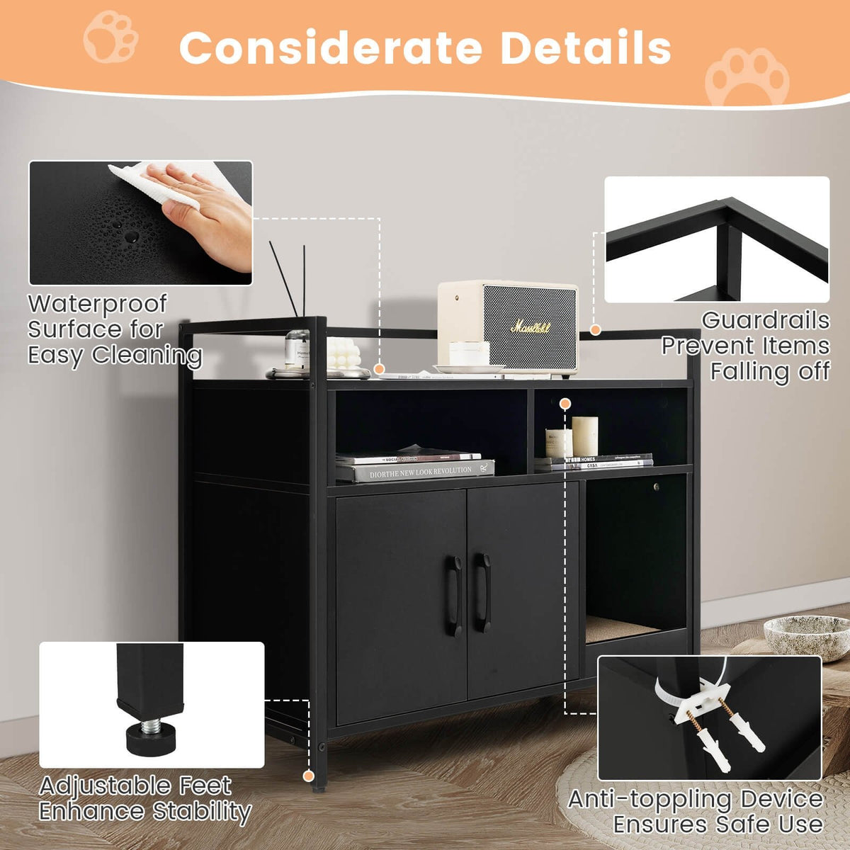 Hidden Cat Washroom with Double Doors and Scratch Cardboard-Black view 9