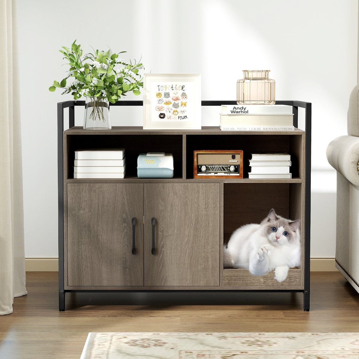Hidden Cat Washroom with Double Doors and Scratch Cardboard-Oak view 2