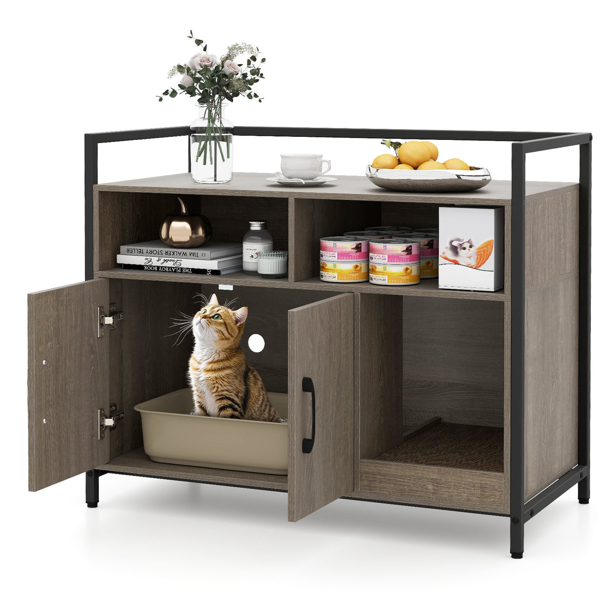 Hidden Cat Washroom with Double Doors and Scratch Cardboard-Oak view 6