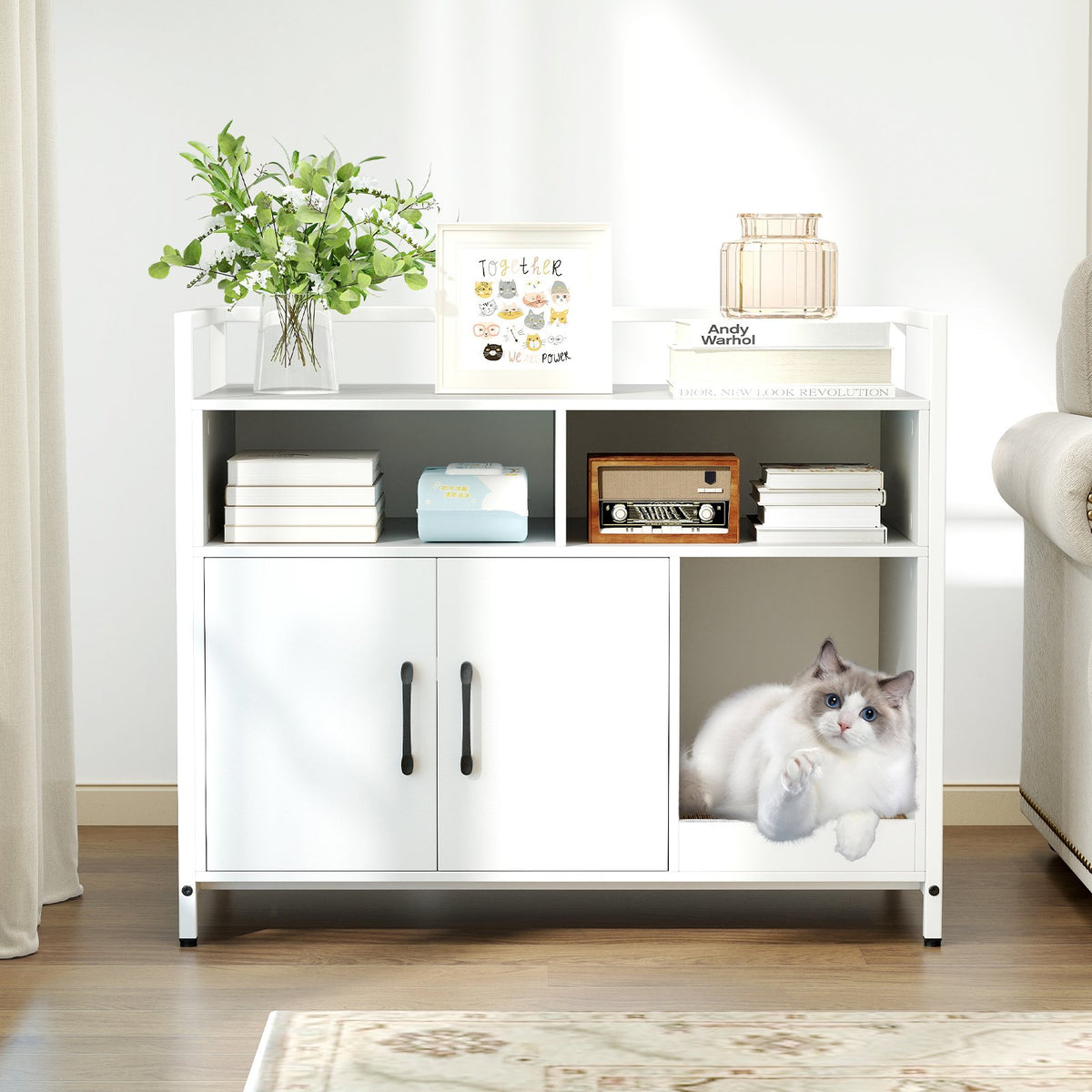 Hidden Cat Washroom with Double Doors and Scratch Cardboard-Off White view 2