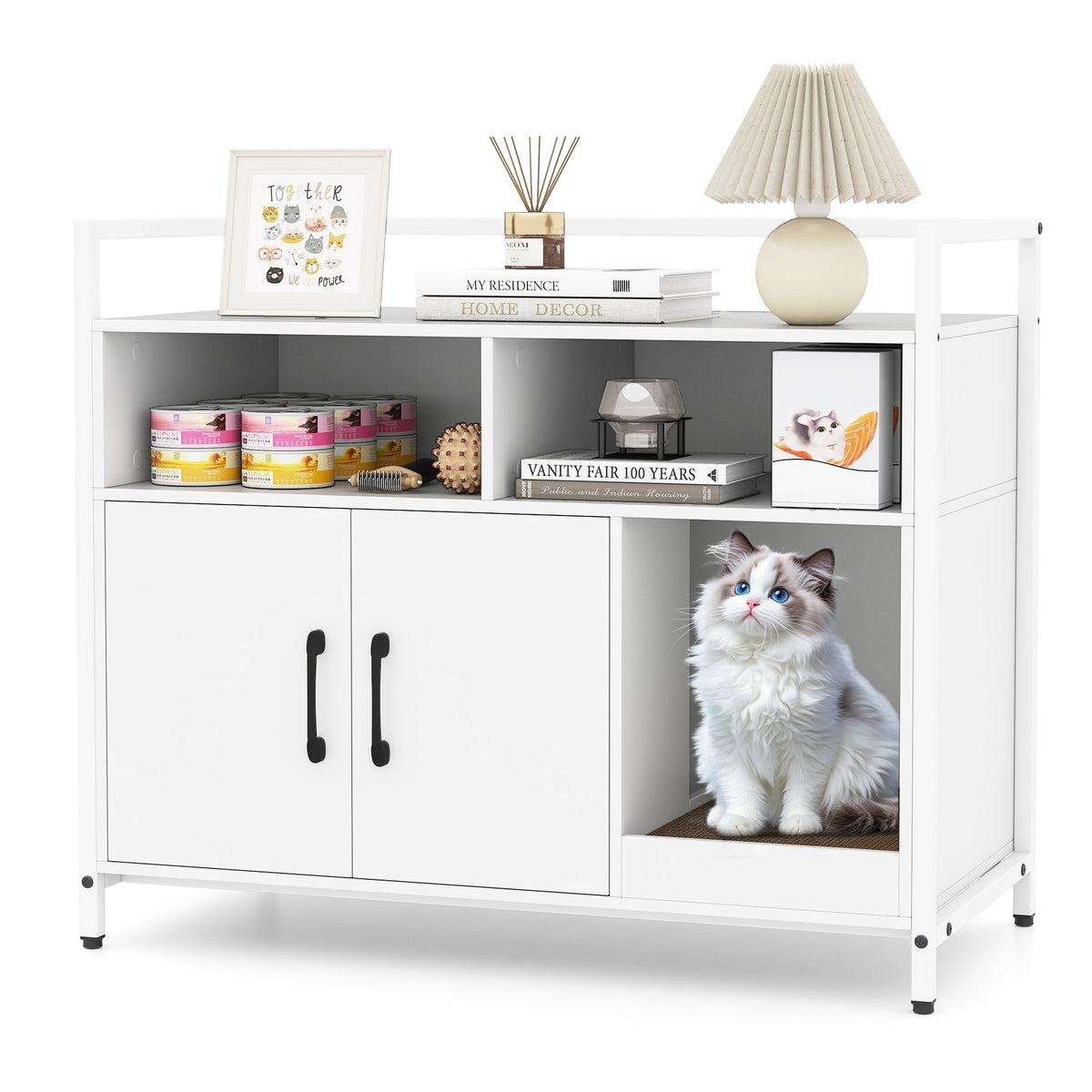Hidden Cat Washroom with Double Doors and Scratch Cardboard-Off White view 4