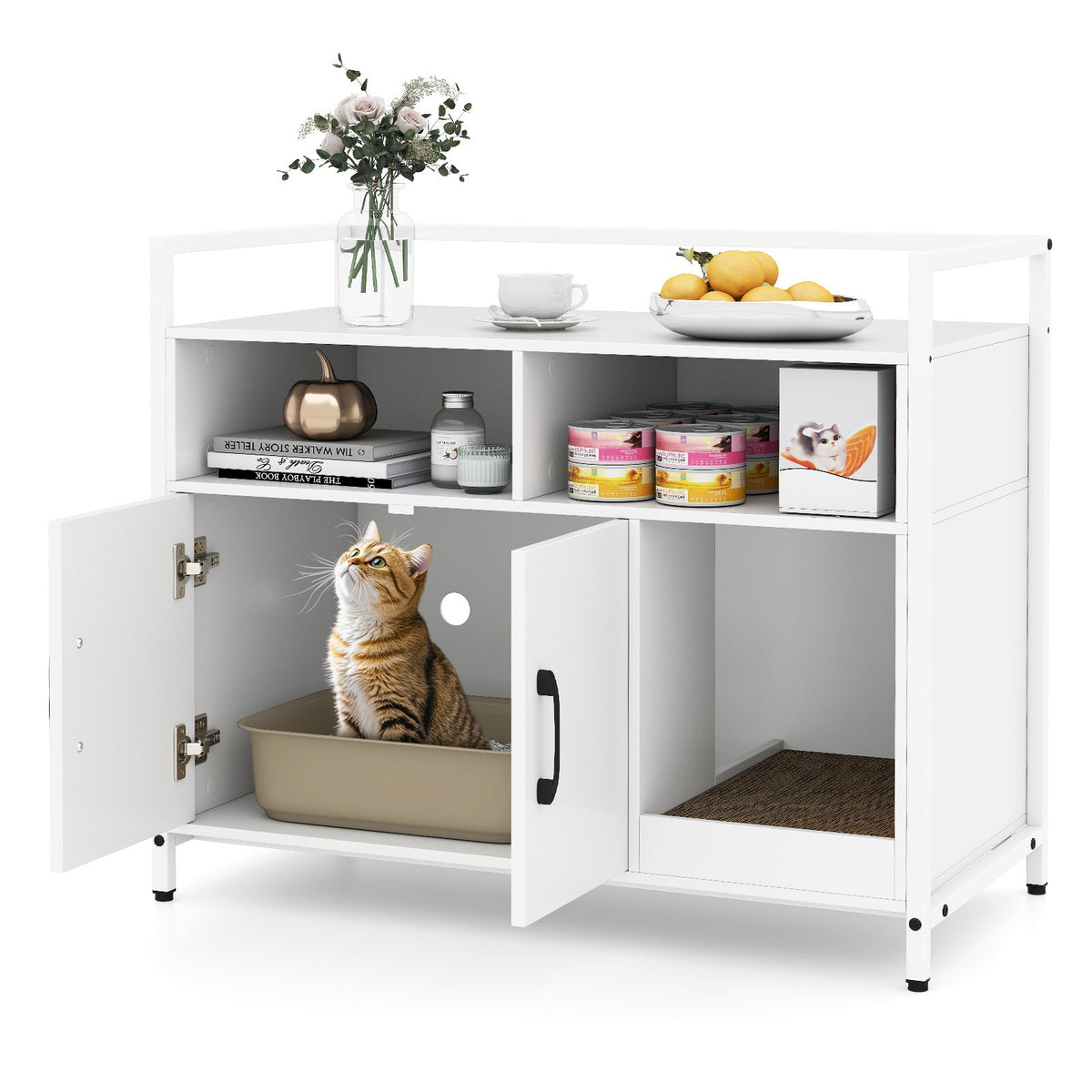 Hidden Cat Washroom with Double Doors and Scratch Cardboard-Off White view 6
