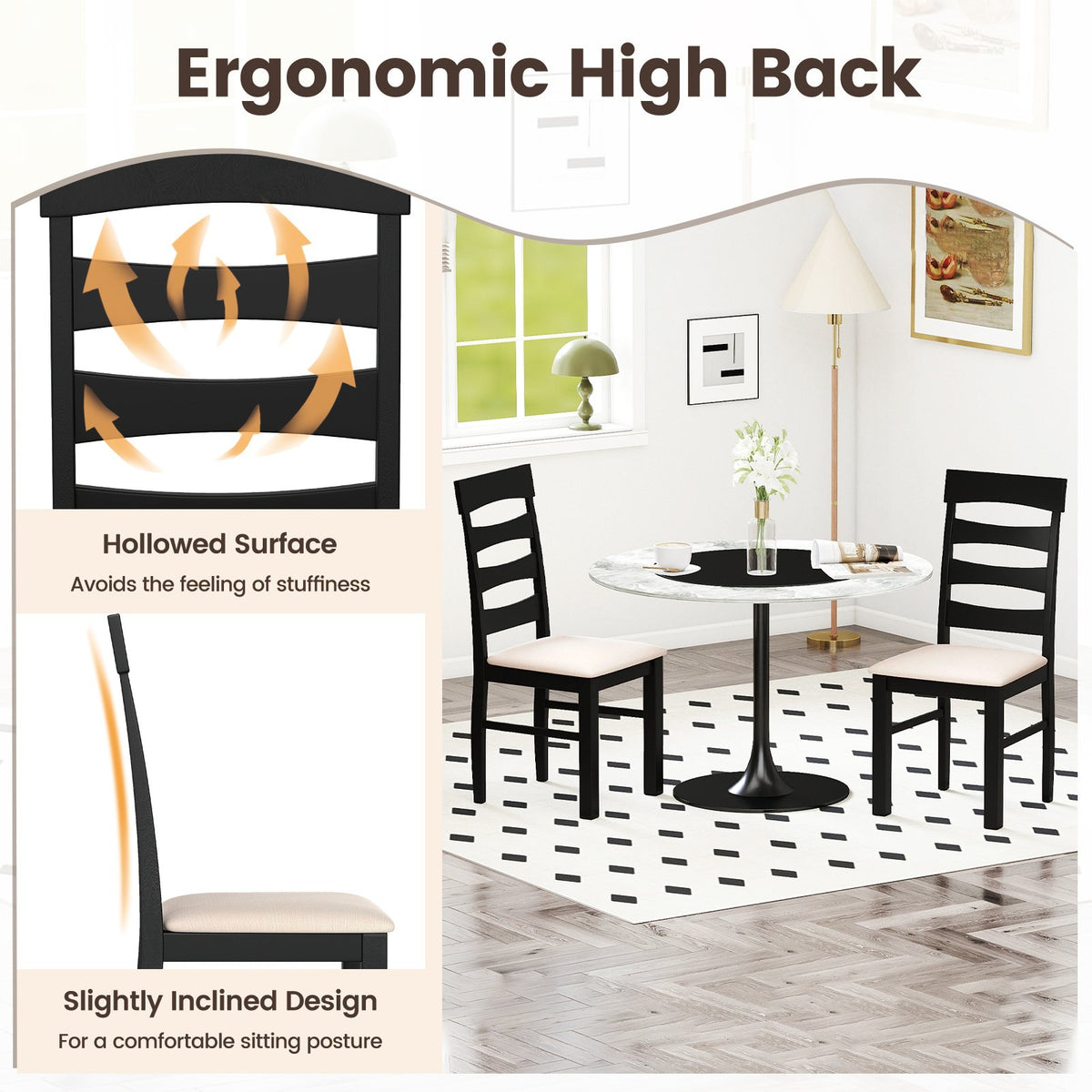 High Back Dining Room Chairs Set of 2 with Padded Seat-Black view 6