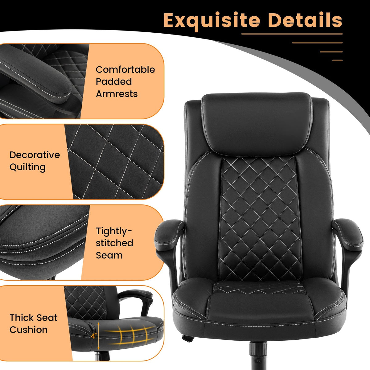 High Back Ergonomic Executive Chair with Thick Headrest Cushion-Black view 5