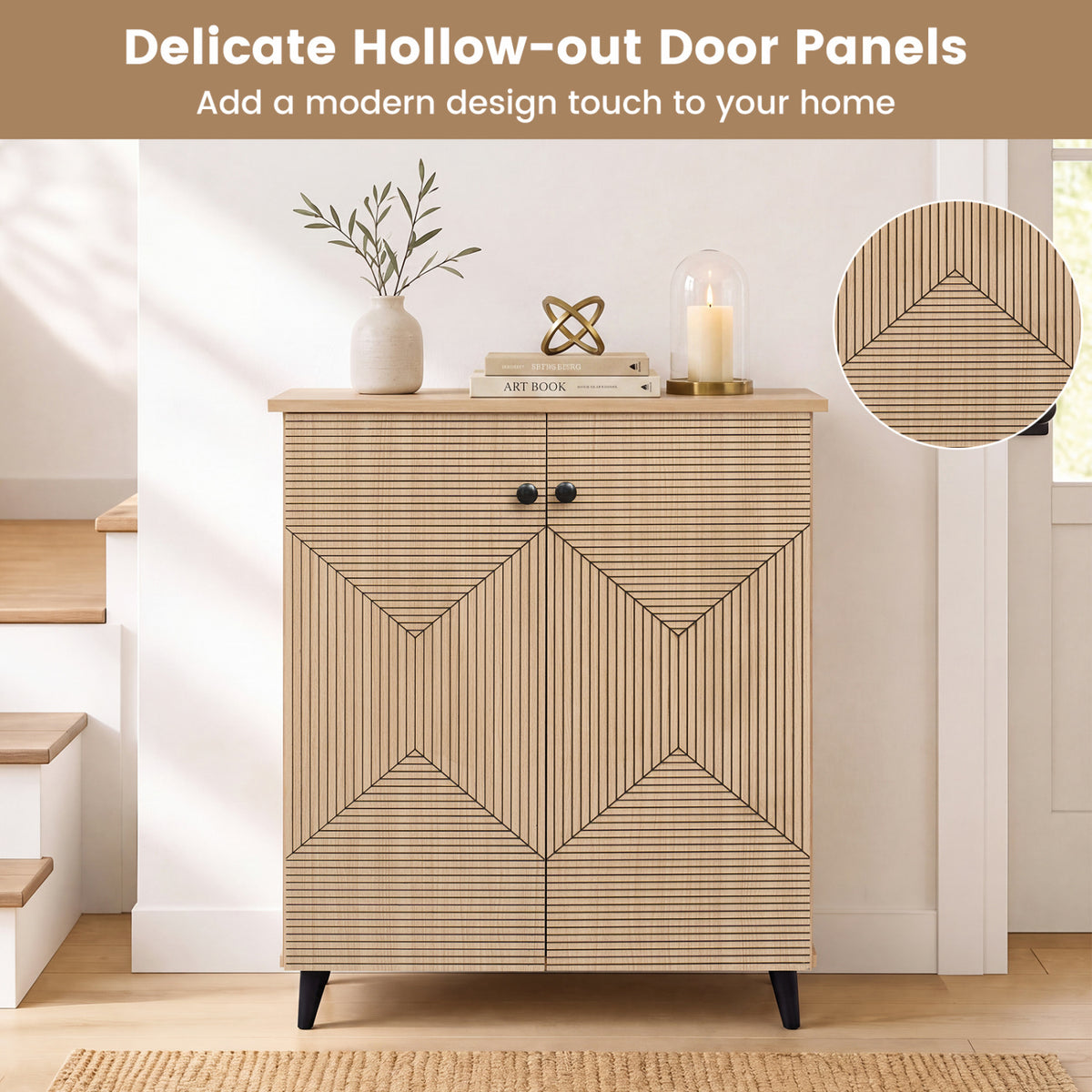 High‑quality 2‑Door Geometric Cabinet Freestanding Decorative Footwear Storage Unit with Carved Panels for Indoor Home Use-Natural view 7
