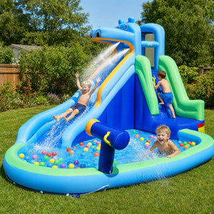 Hippo-Themed Inflatable Water Slide with Long Slide and Climbing Wall for Kids Backyard with 680W Blower view 2