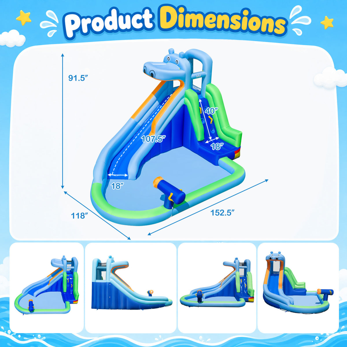 Hippo-Themed Inflatable Water Slide with Long Slide and Climbing Wall for Kids Backyard with 680W Blower view 3