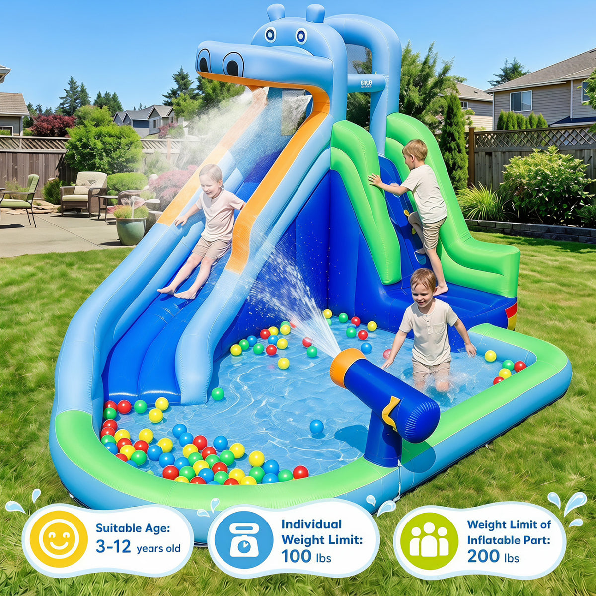 Hippo-Themed Inflatable Water Slide with Long Slide and Climbing Wall for Kids Backyard with 680W Blower view 4