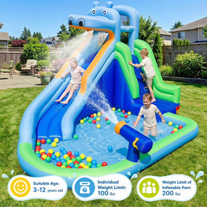 Hippo-Themed Inflatable Water Slide with Long Slide and Climbing Wall for Kids Backyard with 680W Blower view 4