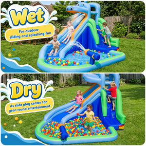 Hippo-Themed Inflatable Water Slide with Long Slide and Climbing Wall for Kids Backyard with 680W Blower view 5