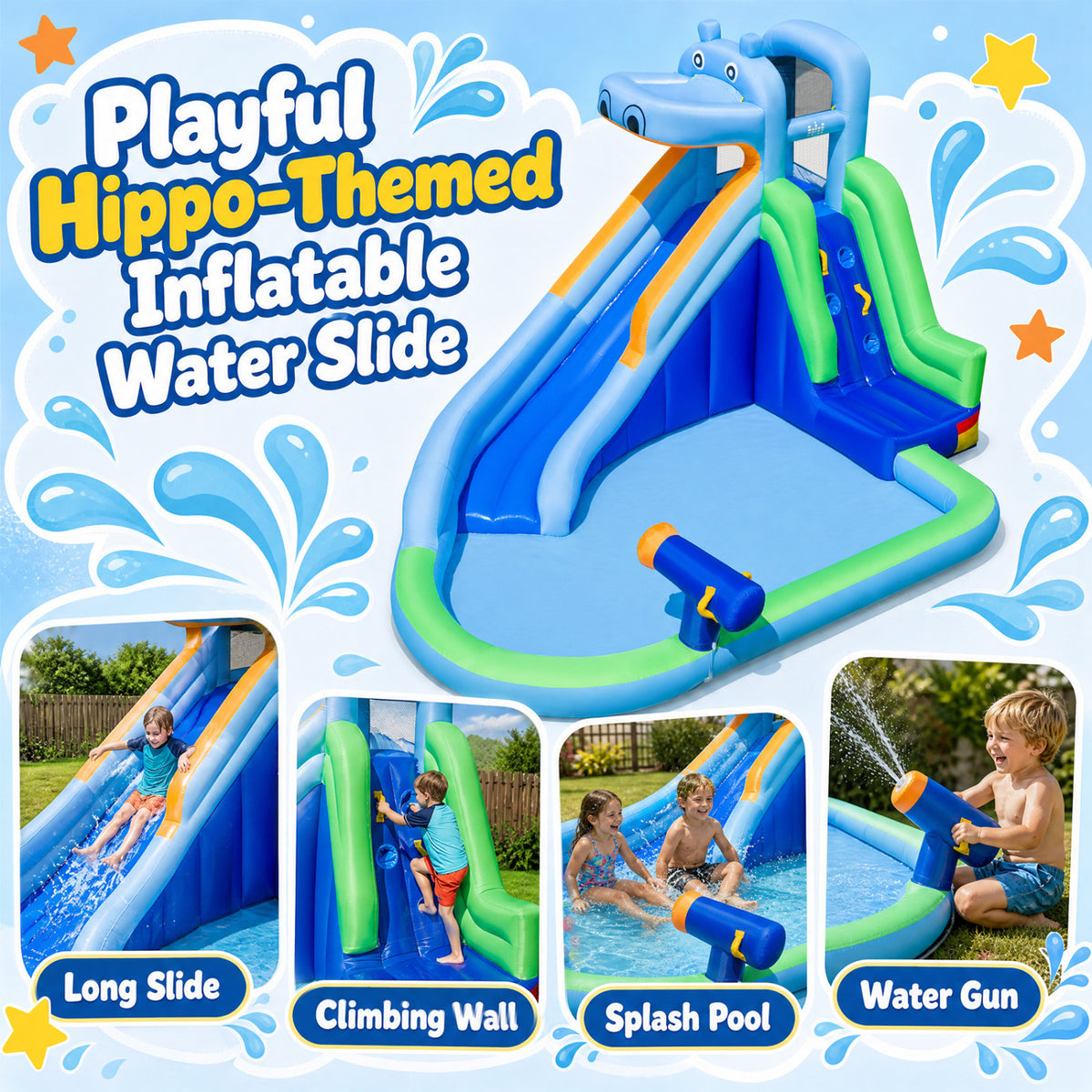 Hippo-Themed Inflatable Water Slide with Long Slide and Climbing Wall for Kids Backyard with 680W Blower view 6