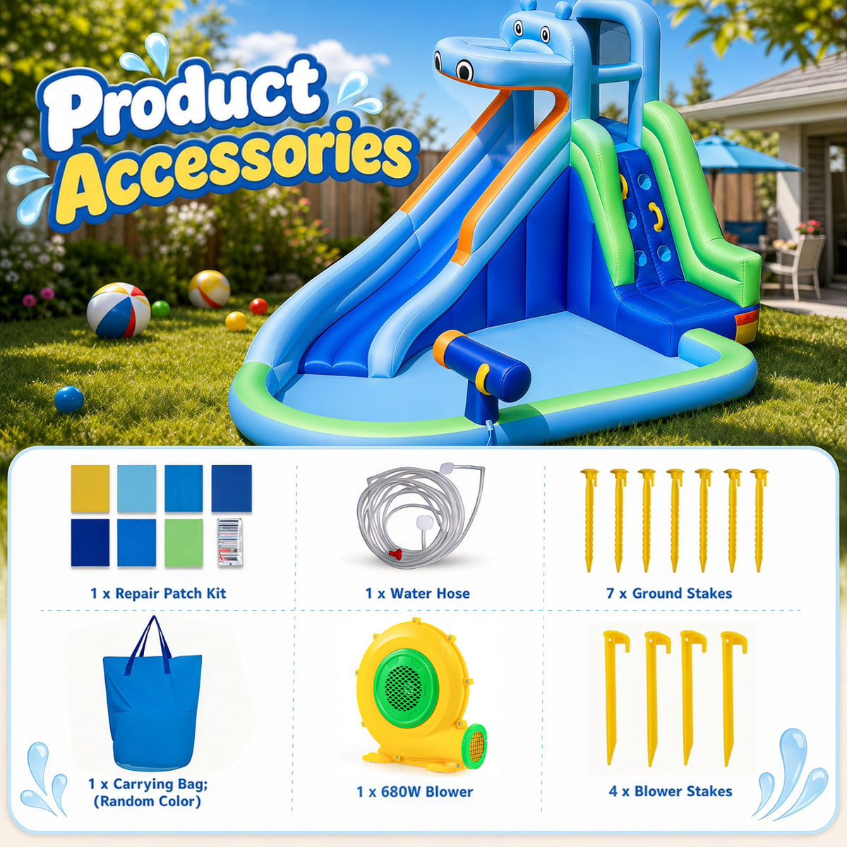 Hippo-Themed Inflatable Water Slide with Long Slide and Climbing Wall for Kids Backyard with 680W Blower view 7