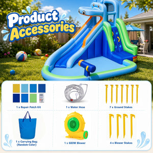 Hippo-Themed Inflatable Water Slide with Long Slide and Climbing Wall for Kids Backyard with 680W Blower view 7