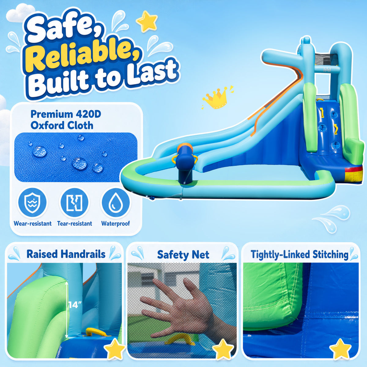 Hippo-Themed Inflatable Water Slide with Long Slide and Climbing Wall for Kids Backyard with 680W Blower view 8