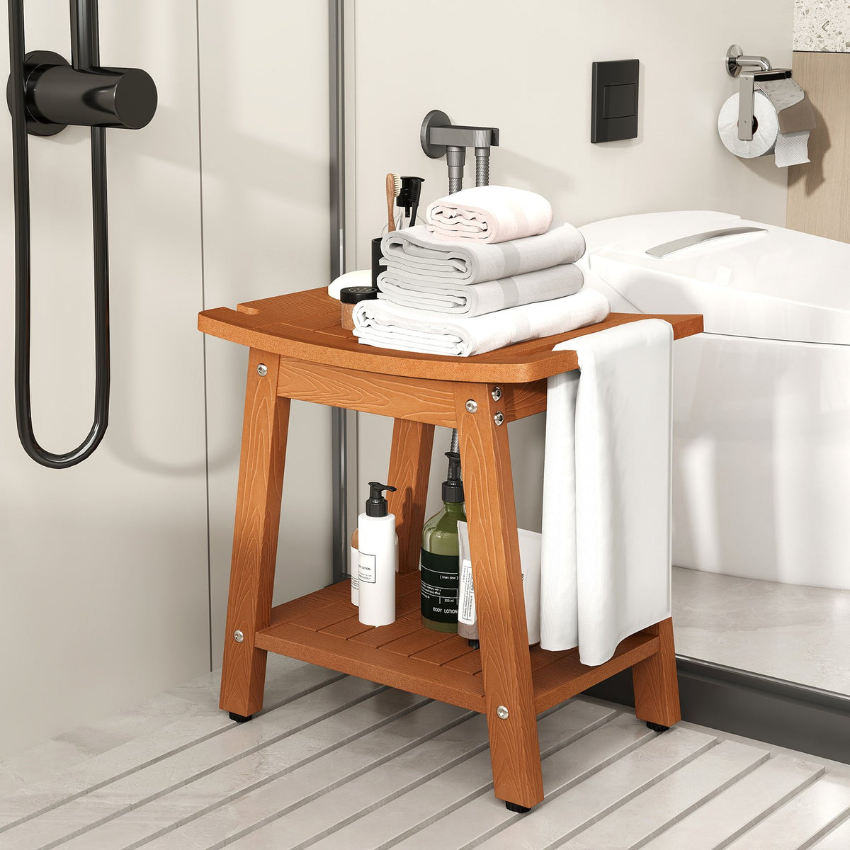 HIPS Shower Bench Seat with Handle Shower Head-Brown view 3