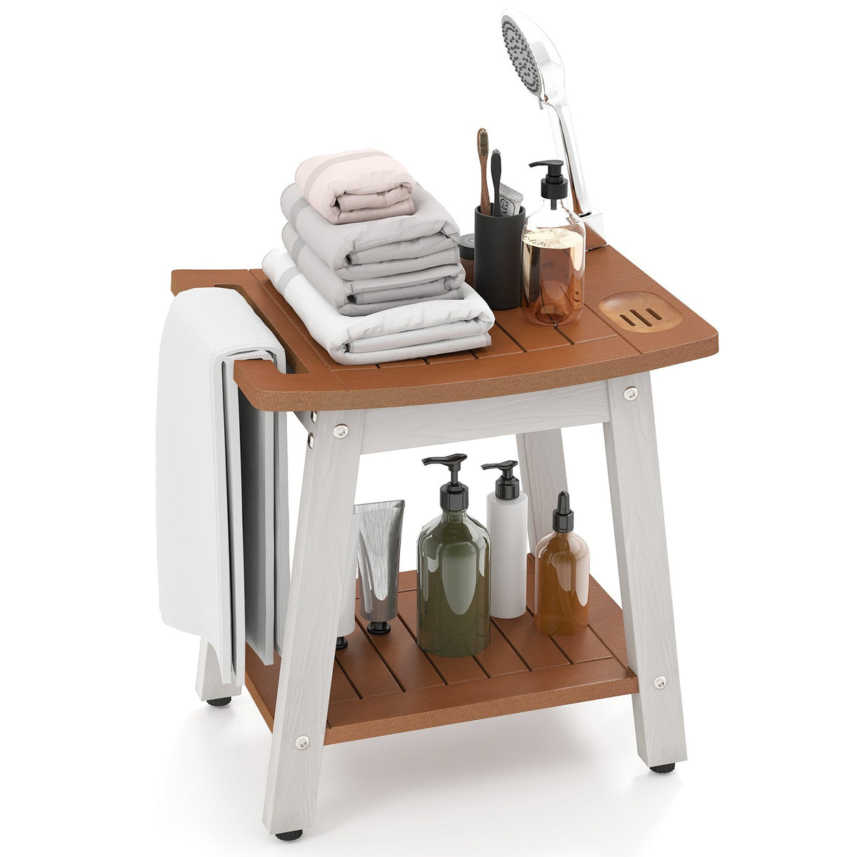 HIPS Shower Bench Seat with Handle Shower Head-Brown&White view 4