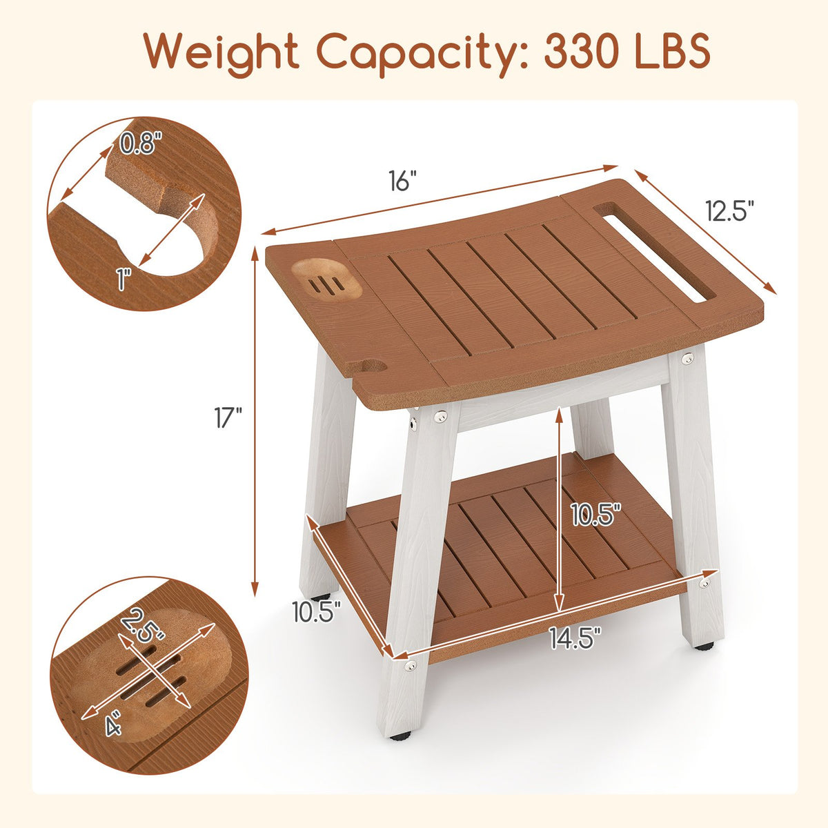 HIPS Shower Bench Seat with Handle Shower Head-Brown&White view 5