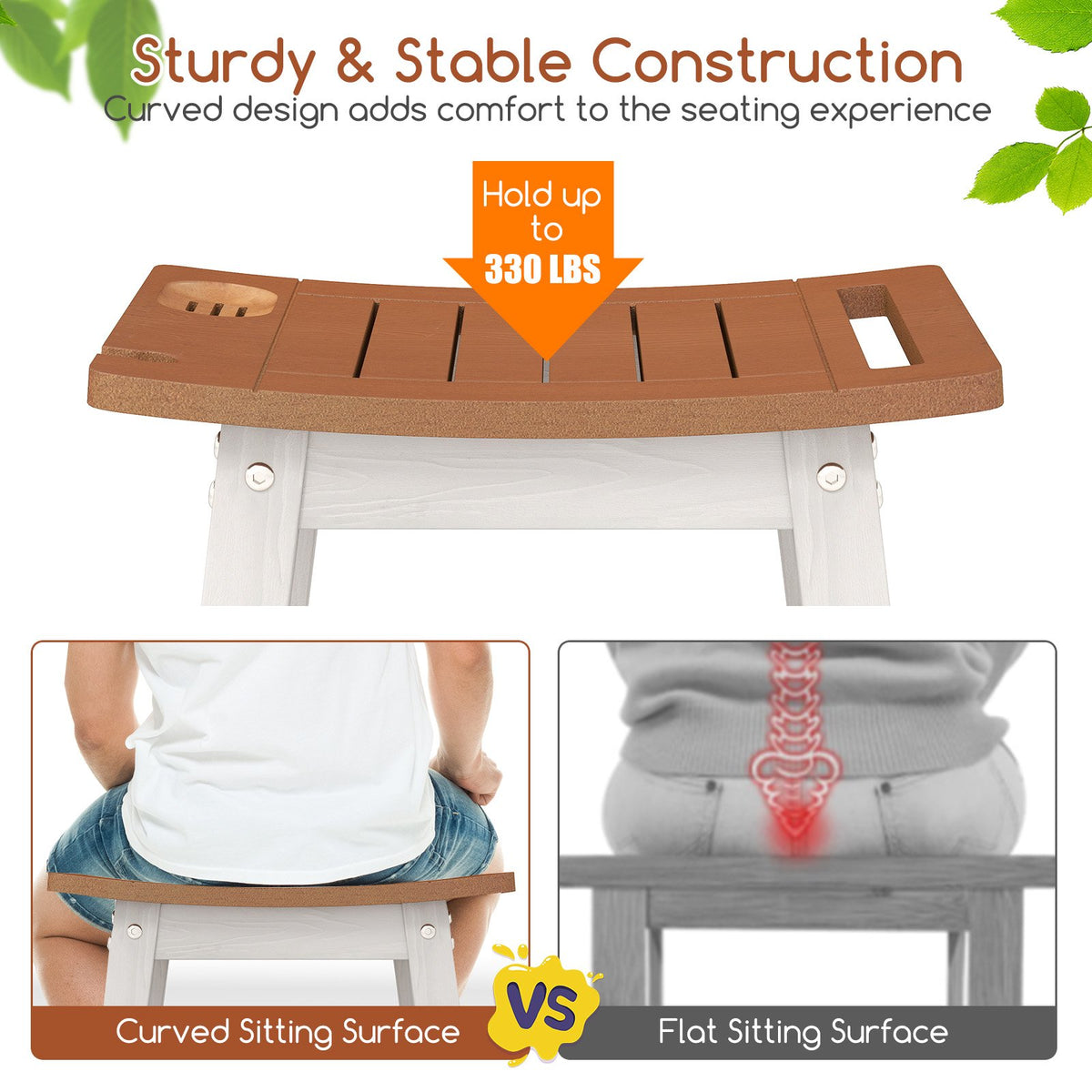HIPS Shower Bench Seat with Handle Shower Head-Brown&White view 9