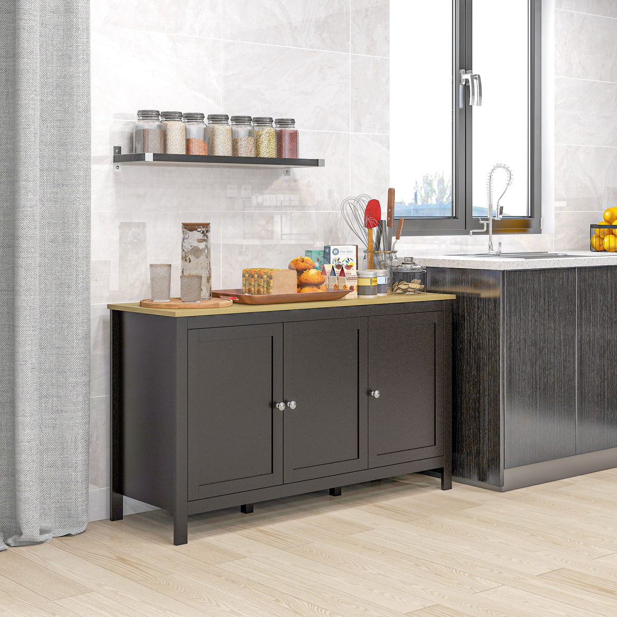 Sideboard, Buffet Cabinet with Doors and Adjustable Shelves for Living Room, Entryway, Black and Natural