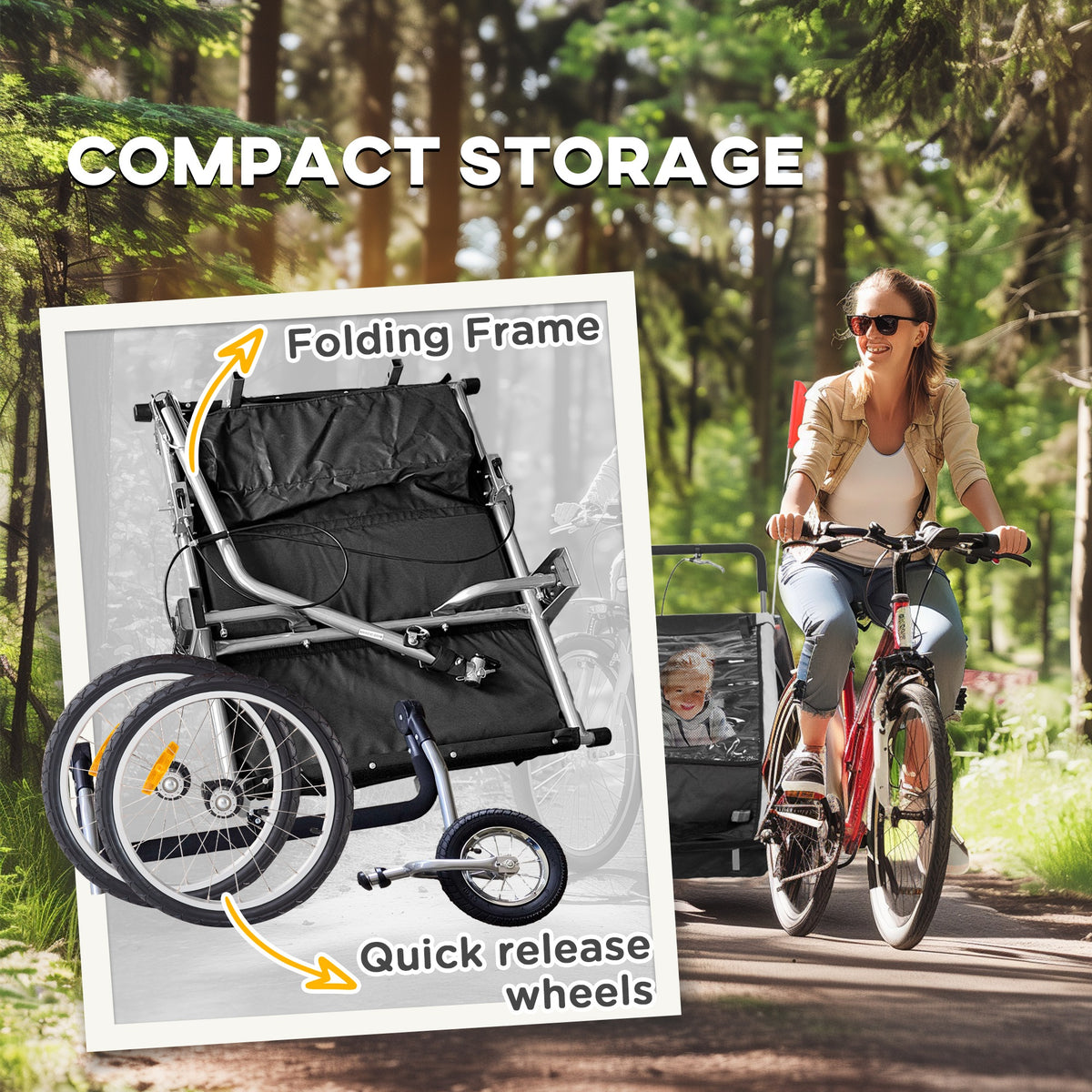 Aosom 2-in-1 Bike Trailer for Kids, Foldable 2-Seat Baby Stroller with 5-Point Harness, Rubber Wheels, Storage Bag