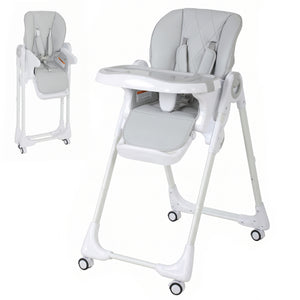 Qaba High Chair with Wheels, Double Tray, Foldable Baby Seat with Adjustable Seat Height, Backrest, Footrest and Tray, Grey
