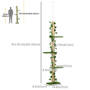 4-Tier Floor to Ceiling Cat Tree, Height(80-95Inches)Adjustable, Tall Cat Tower w/ Anti-Slip Kit, Leaves, Multi-Layer Activity Centre w/ Scratching Post