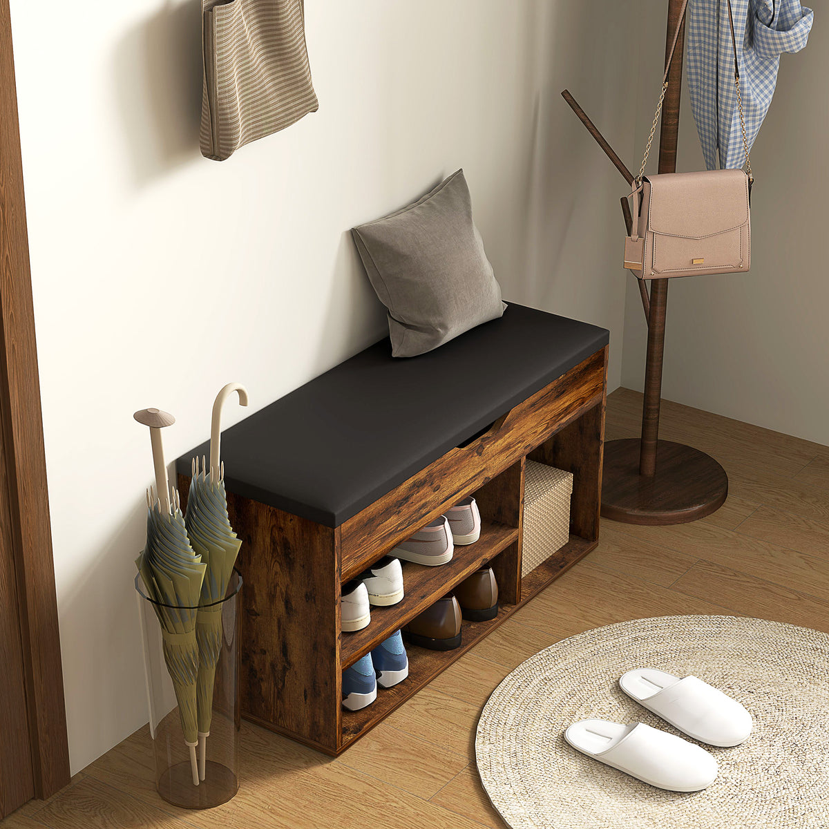 Shoe Bench Entryway Storage Rack with Padded Cushion, Hidden Storage for Hallway, Living Room, Natural – view 20