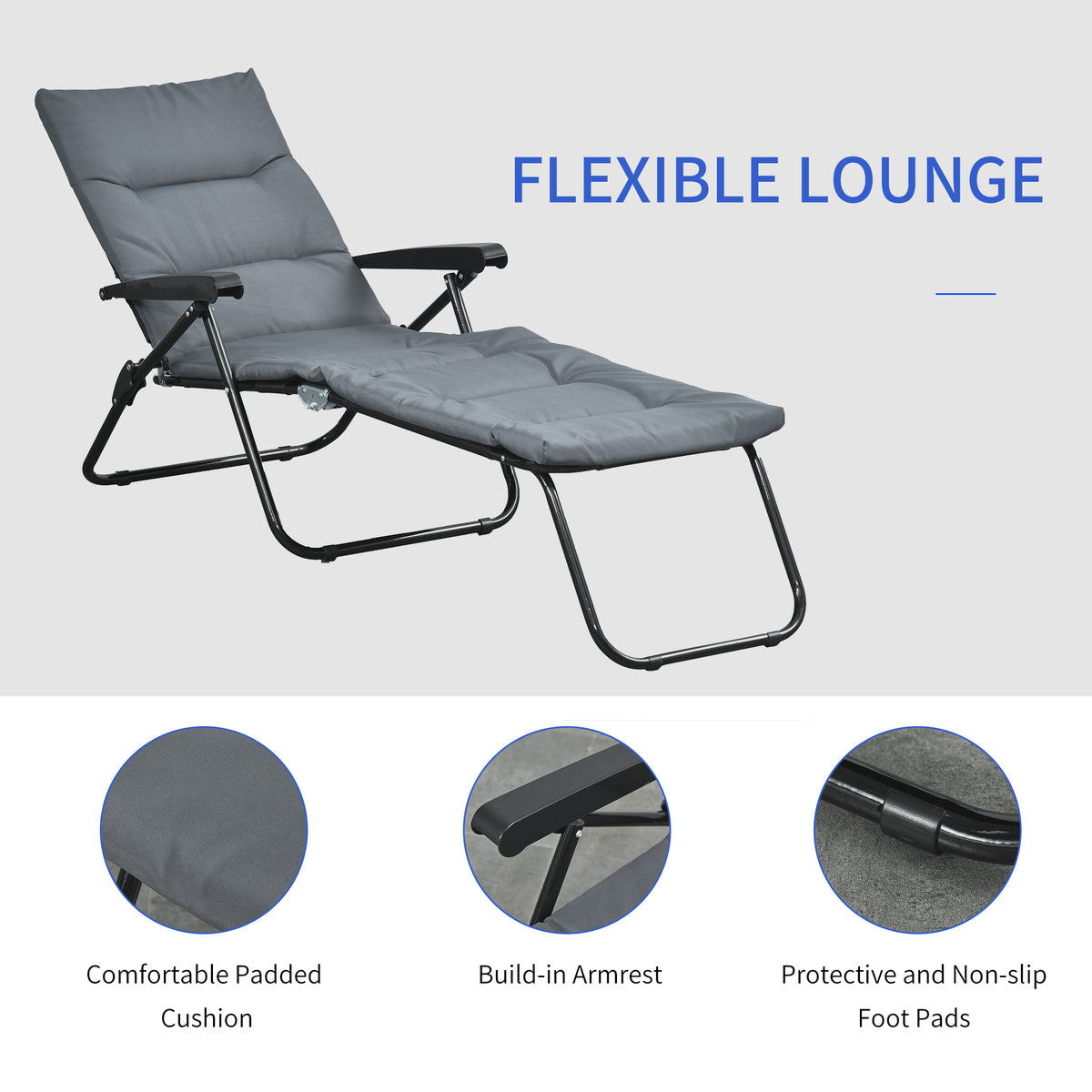 Foldable Lounge Chair, Reclining Patio Sun Lounger with 6-Position Adjustable Back, Blue and White