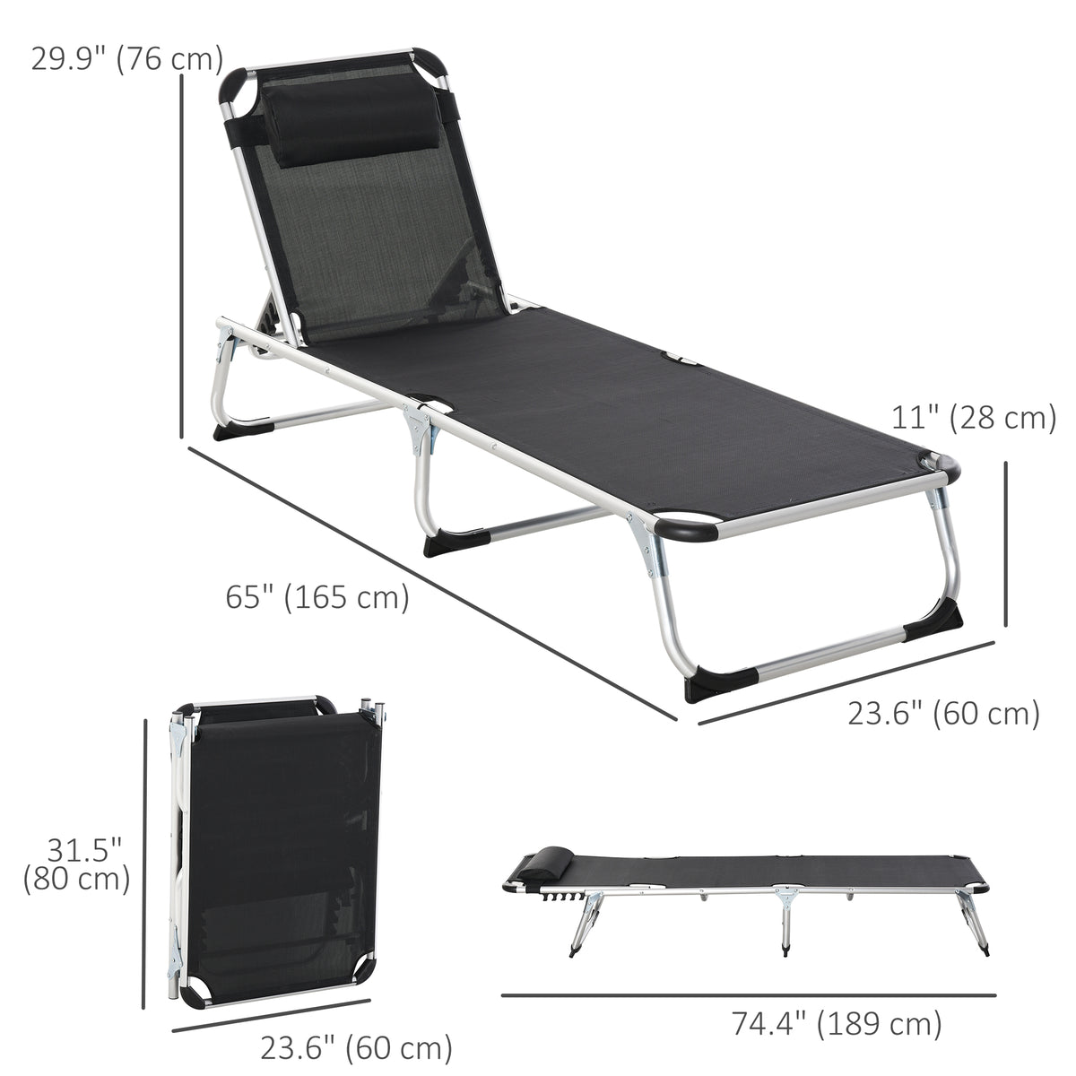 Folding Lounge Chair, Patio Lounger with Headrest, 5-Level Adjustable Backrest, and Aluminum Frame, Black – view 2