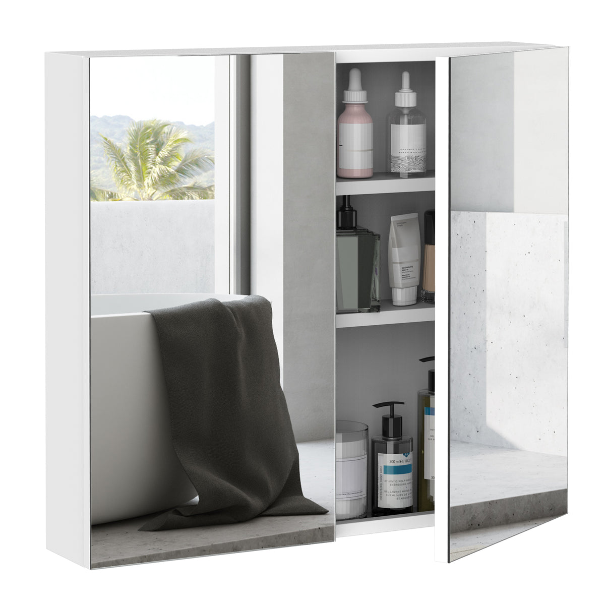 Wall Mounted Mirror Cabinet, Bathroom Medicine Cabinet with Mirror, 2 Doors and 3-tier Shelving, Silver