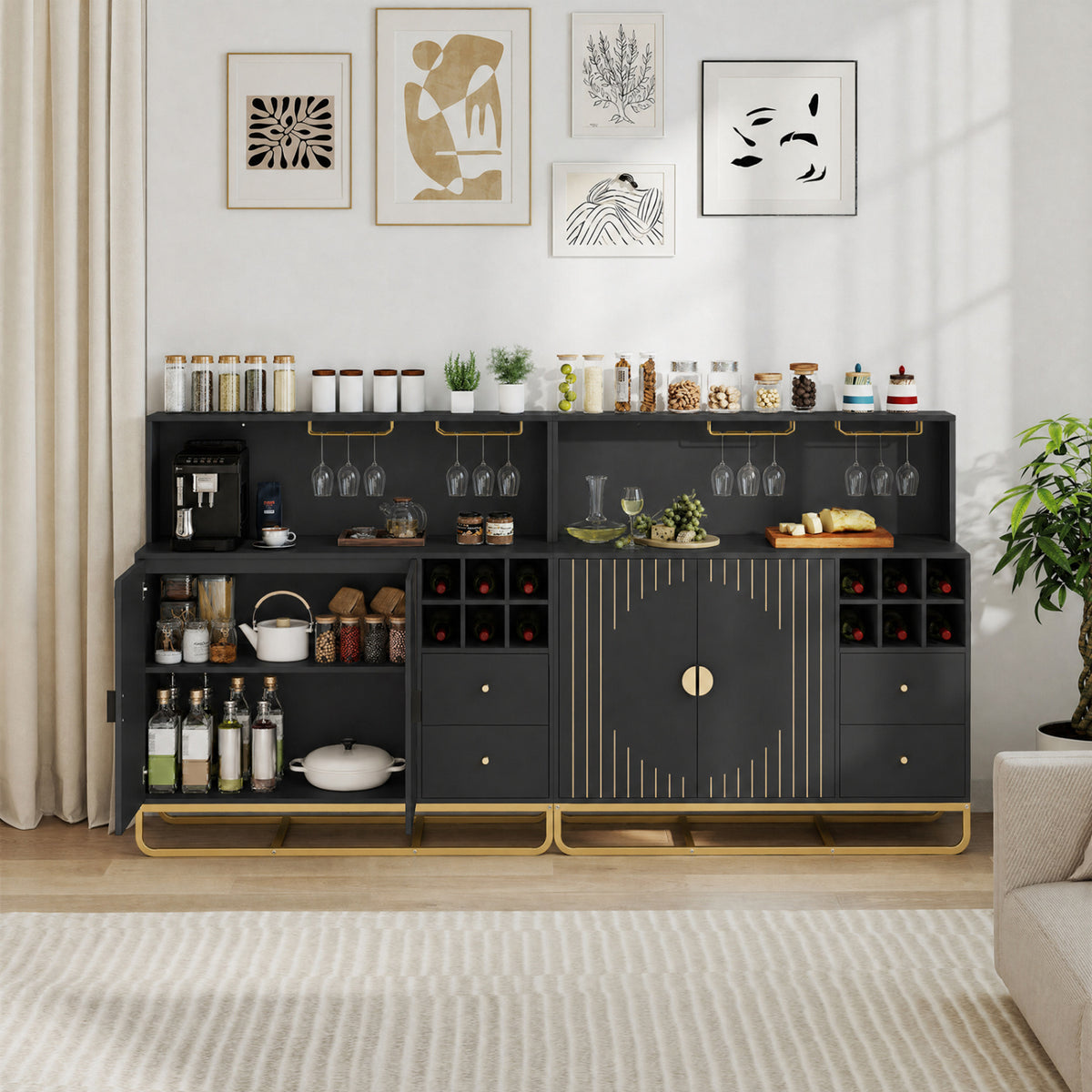 Home Bar Cabinet with Wine Rack Glass Holder and Adjustable Shelf-Black view 2