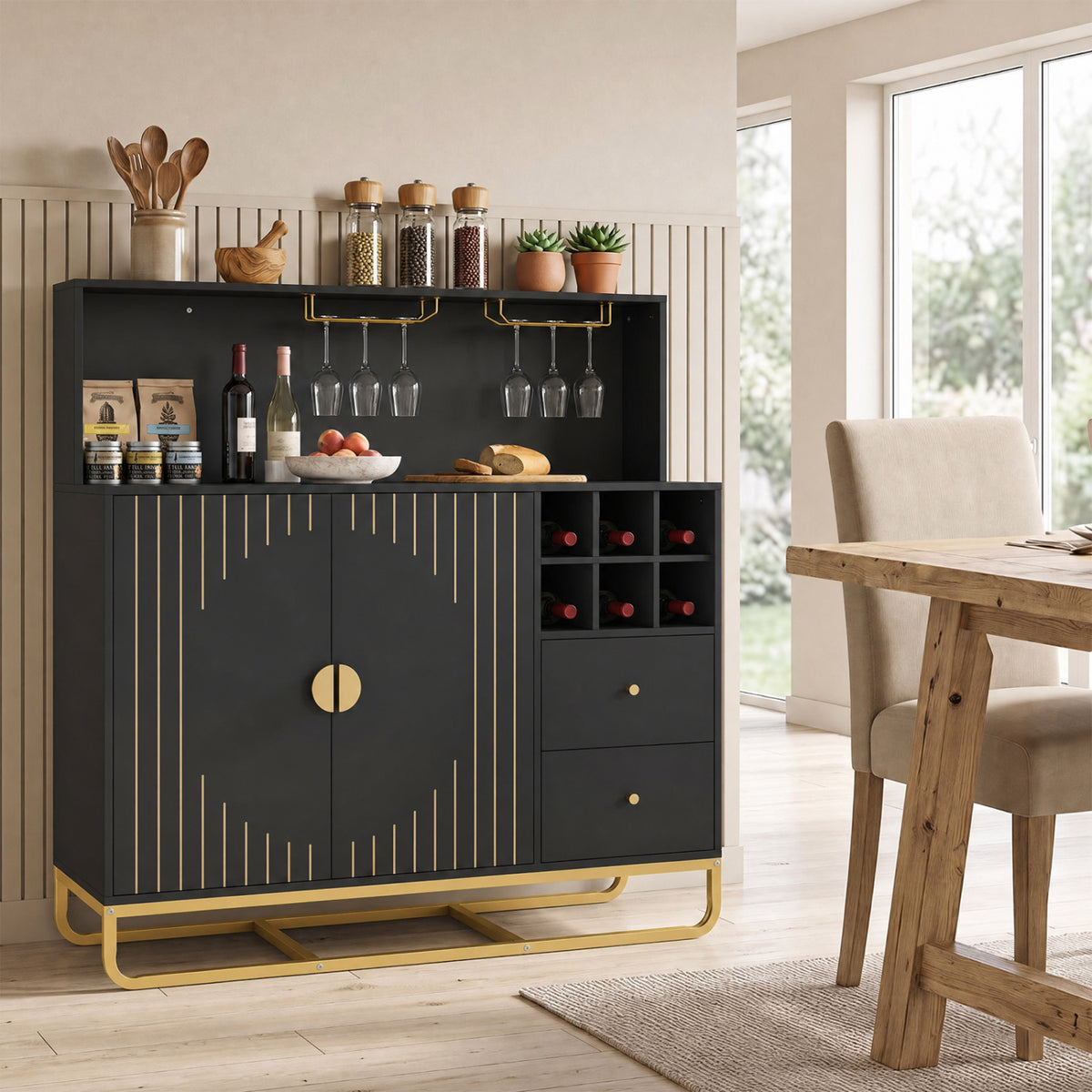 Home Bar Cabinet with Wine Rack Glass Holder and Adjustable Shelf-Black view 3