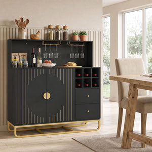 Home Bar Cabinet with Wine Rack Glass Holder and Adjustable Shelf-Black view 3