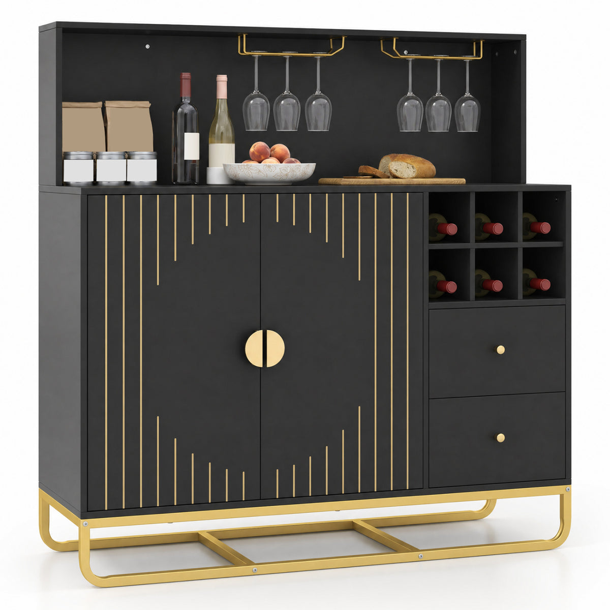 Home Bar Cabinet with Wine Rack Glass Holder and Adjustable Shelf-Black view 4