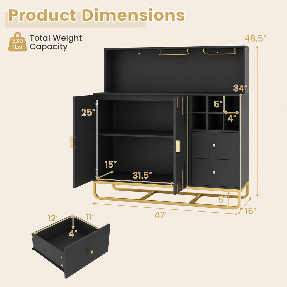 Home Bar Cabinet with Wine Rack Glass Holder and Adjustable Shelf-Black view 5
