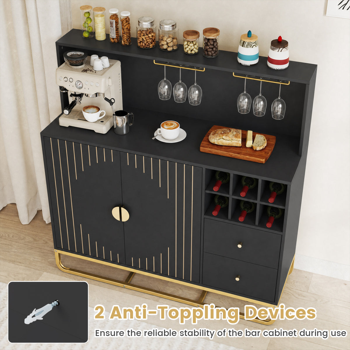 Home Bar Cabinet with Wine Rack Glass Holder and Adjustable Shelf-Black view 7