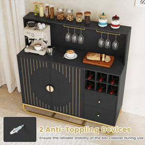Home Bar Cabinet with Wine Rack Glass Holder and Adjustable Shelf-Black view 7