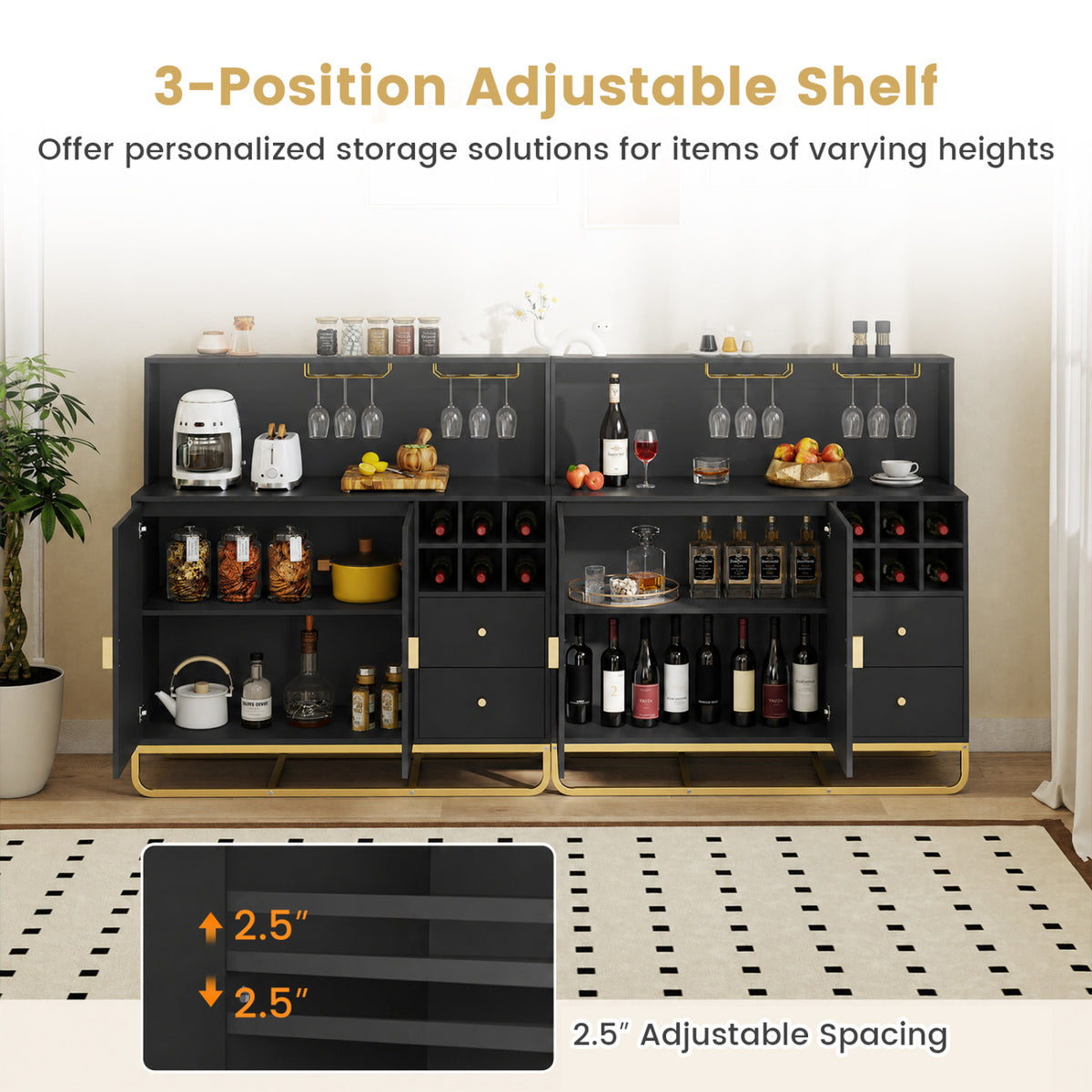 Home Bar Cabinet with Wine Rack Glass Holder and Adjustable Shelf-Black view 9