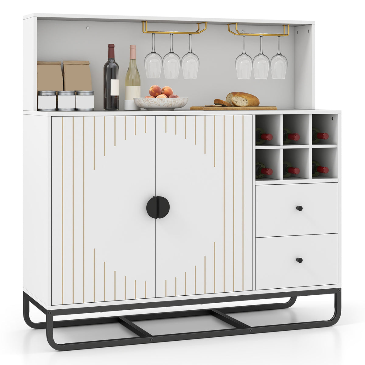 Home Bar Cabinet with Wine Rack Glass Holder and Adjustable Shelf-White view 4