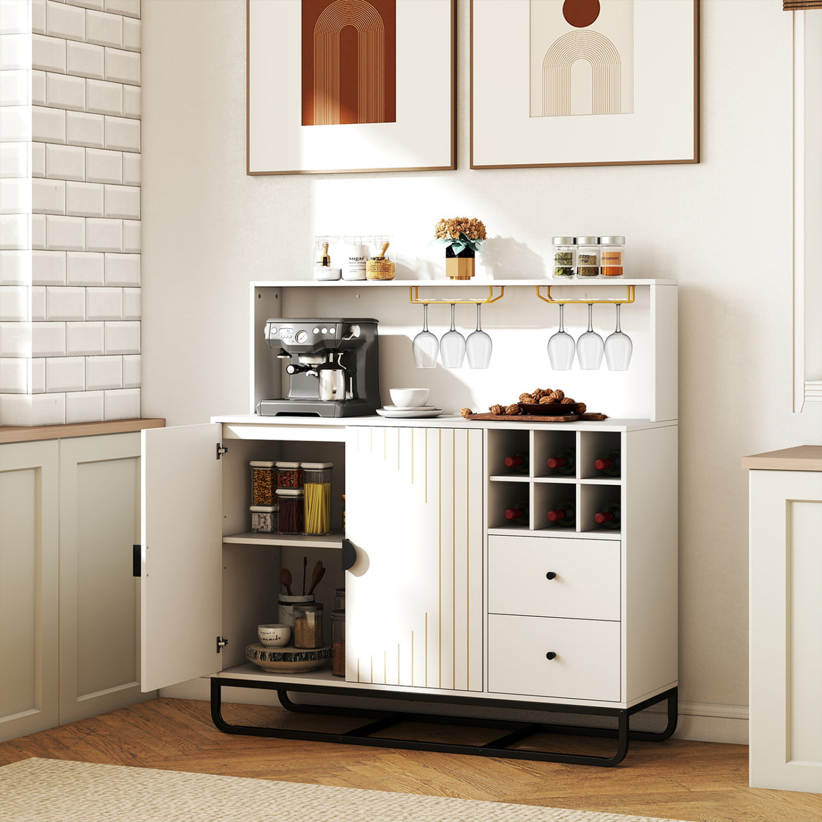 Home Bar Cabinet with Wine Rack Glass Holder and Adjustable Shelf-White view 6