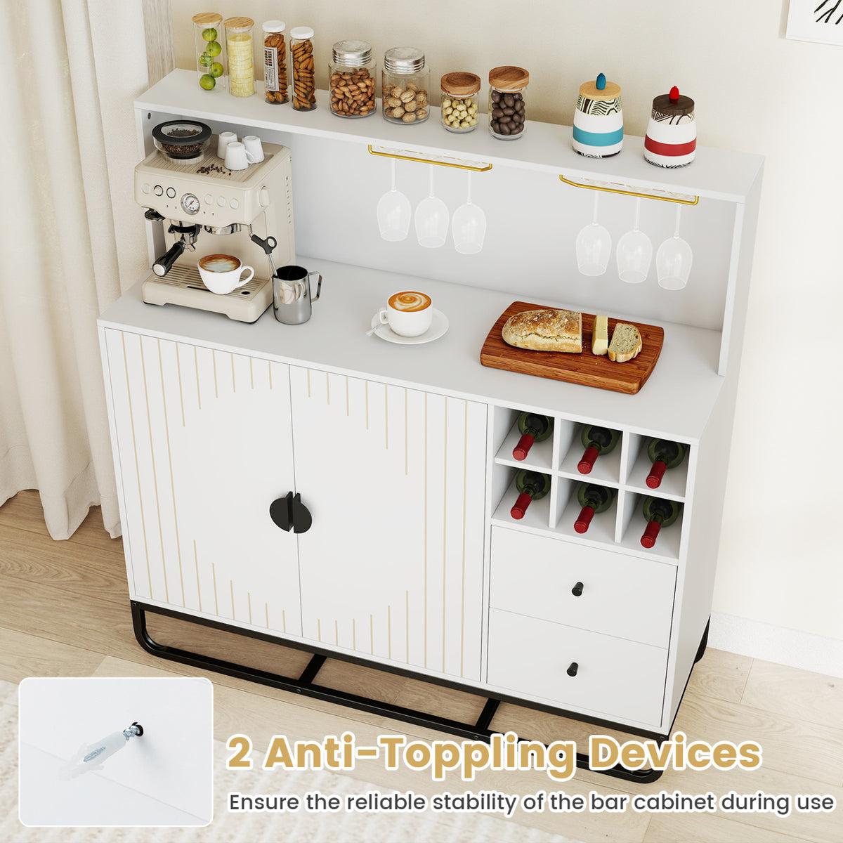 Home Bar Cabinet with Wine Rack Glass Holder and Adjustable Shelf-White view 7