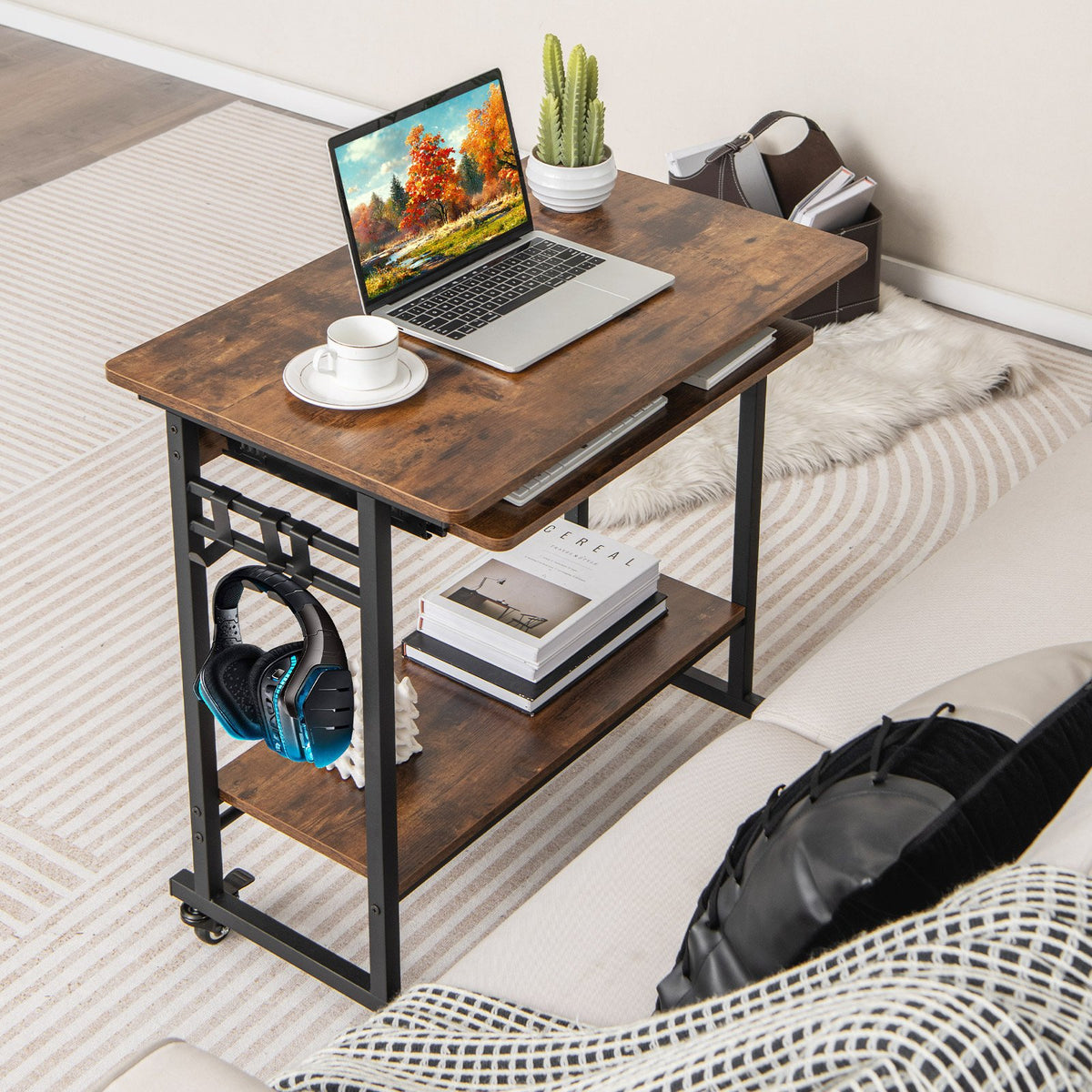 Home Office Computer Desk Cart with Pull-out Keyboard Tray-Rustic Brown view 2