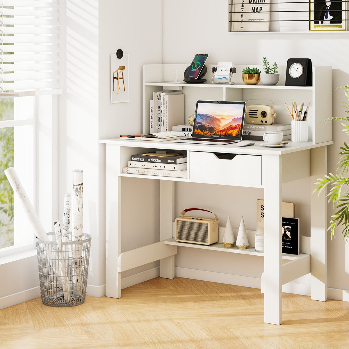 Home Office Computer Desk with Storage Shelves and Drawer Ideal for Working and Studying view 2