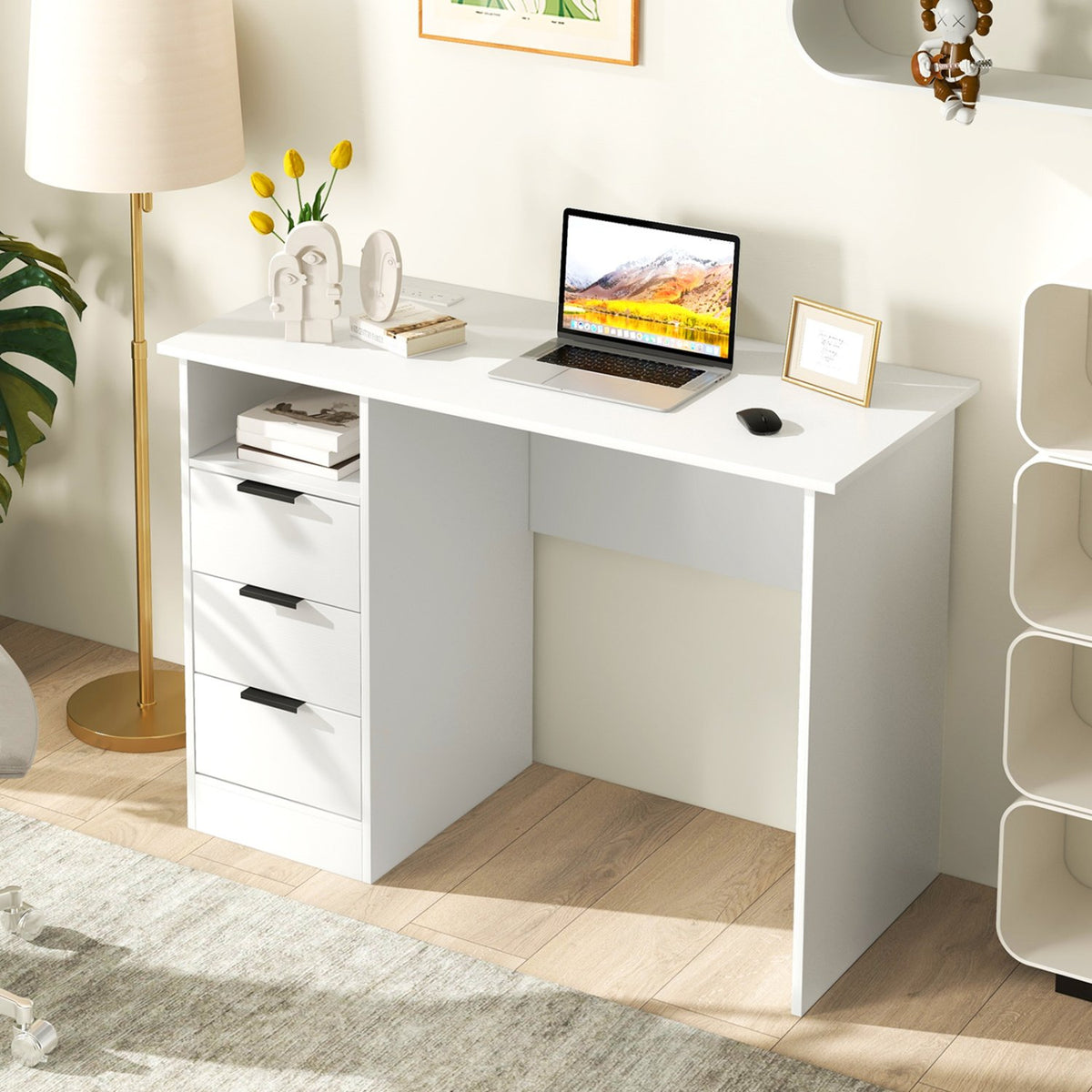 Home Office Desk with Power Outlet 3 Storage Drawers and Open Compartment-White view 2