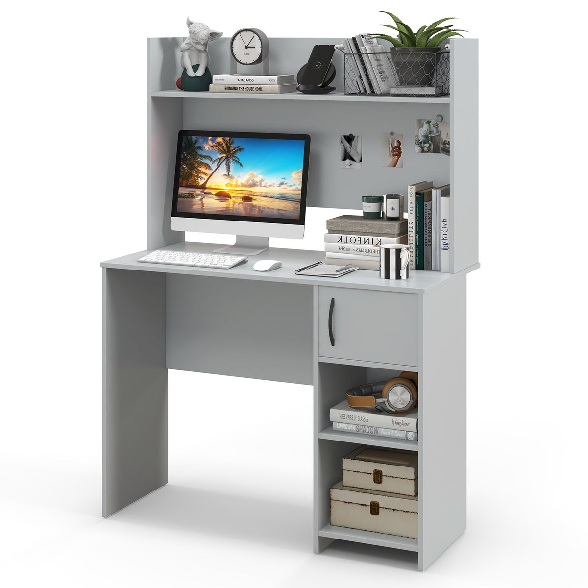 Home Office Desk with Raised Display Shelf and 2 Open Shelves-Gray view 4