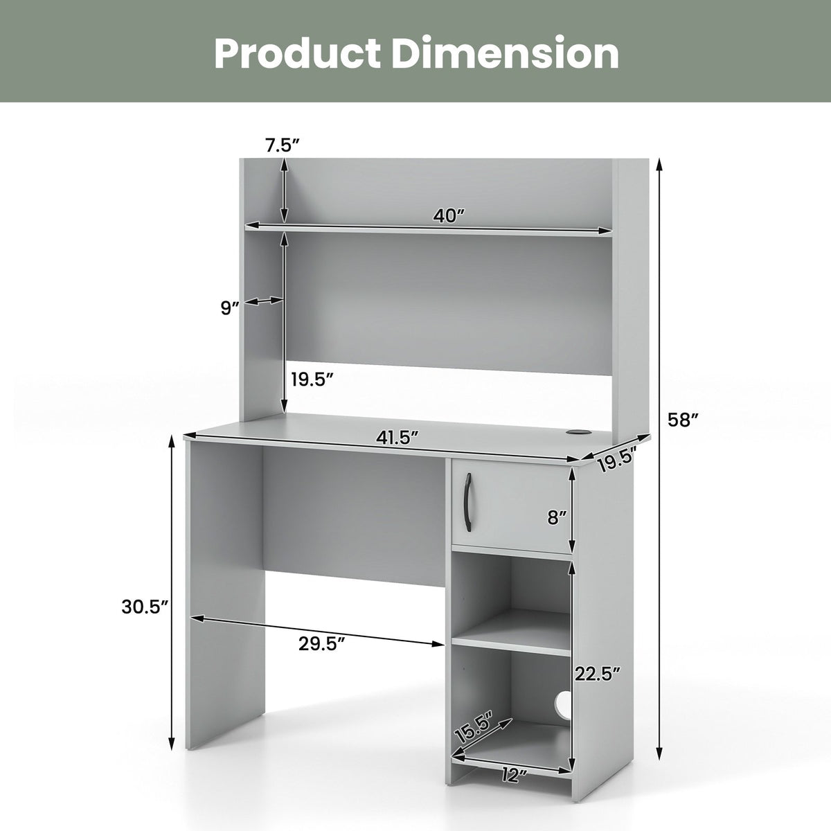 Home Office Desk with Raised Display Shelf and 2 Open Shelves-Gray view 5